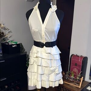 BCBGMaxAzria White Belted Ruffled Halter Mini Dress